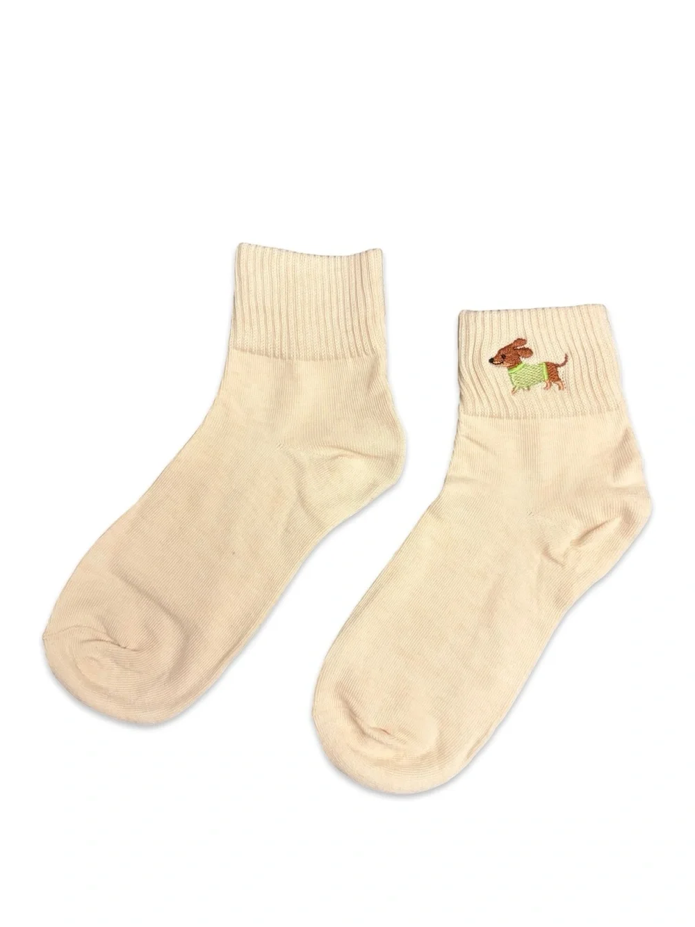 Dachshund Wiener Dog Embroidered Low Crew Socks Cream Ivory One Size